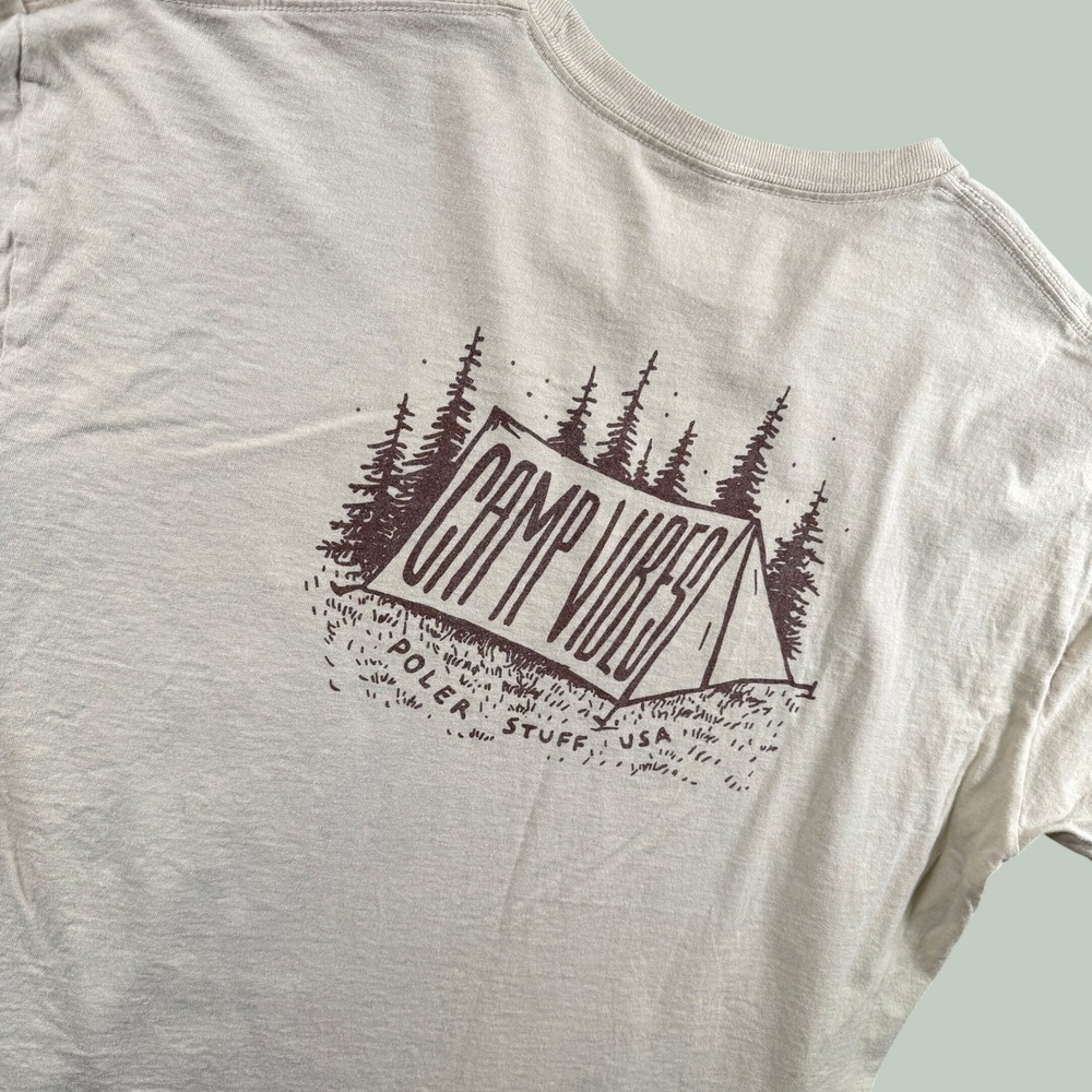 Poler‎ Graphic T Shirt Men XL Tan Camp Vibes Cowboy Hat Tent Logo Outdoor Tee